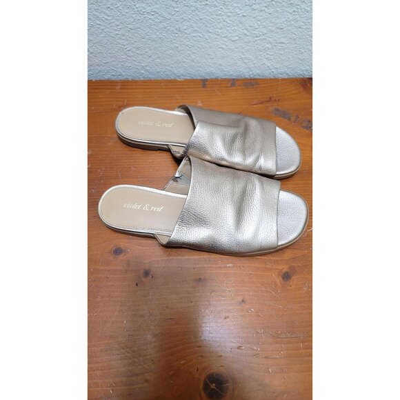 Violet & Red Womens Metallic Gold Leather Slides - Size 8 - Picture 2 of 7